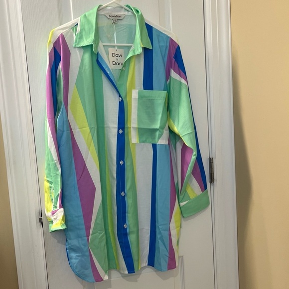 🆕 Davi & Dani Women's Multicolor Striped Long Sleeve Oversized Blouse Size M - Picture 2 of 11